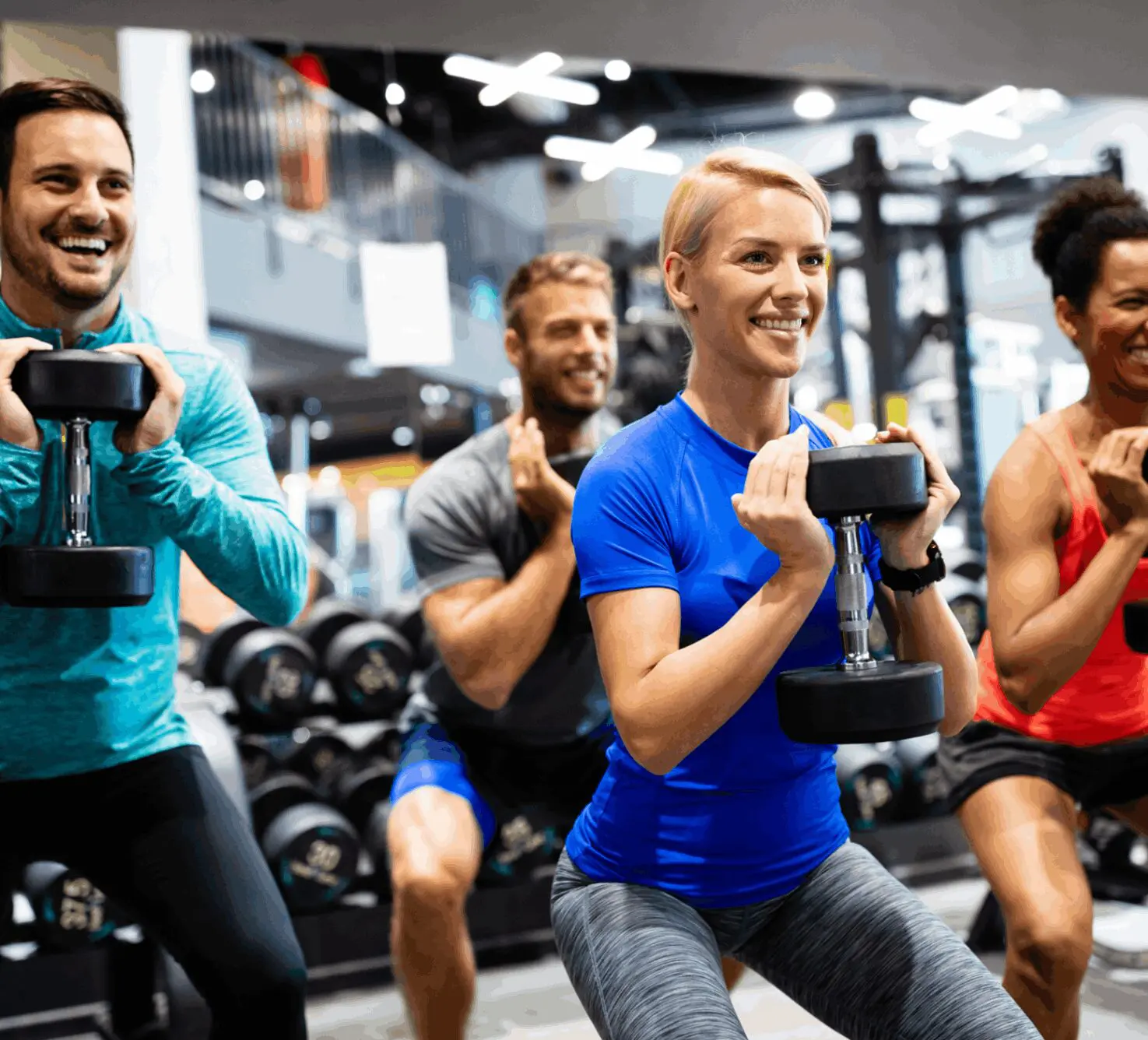 People exercising with dumbbells in a gym.