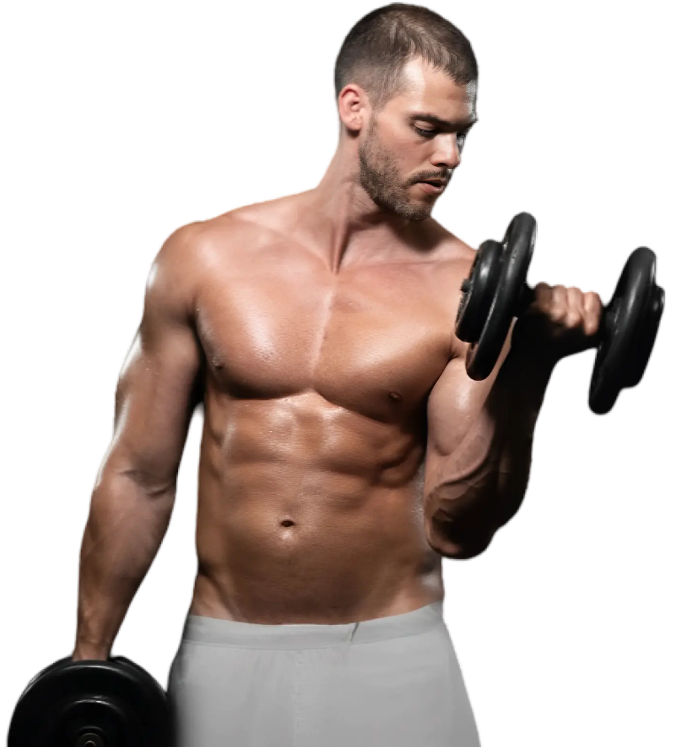 Man lifting dumbbells, showing muscular physique.